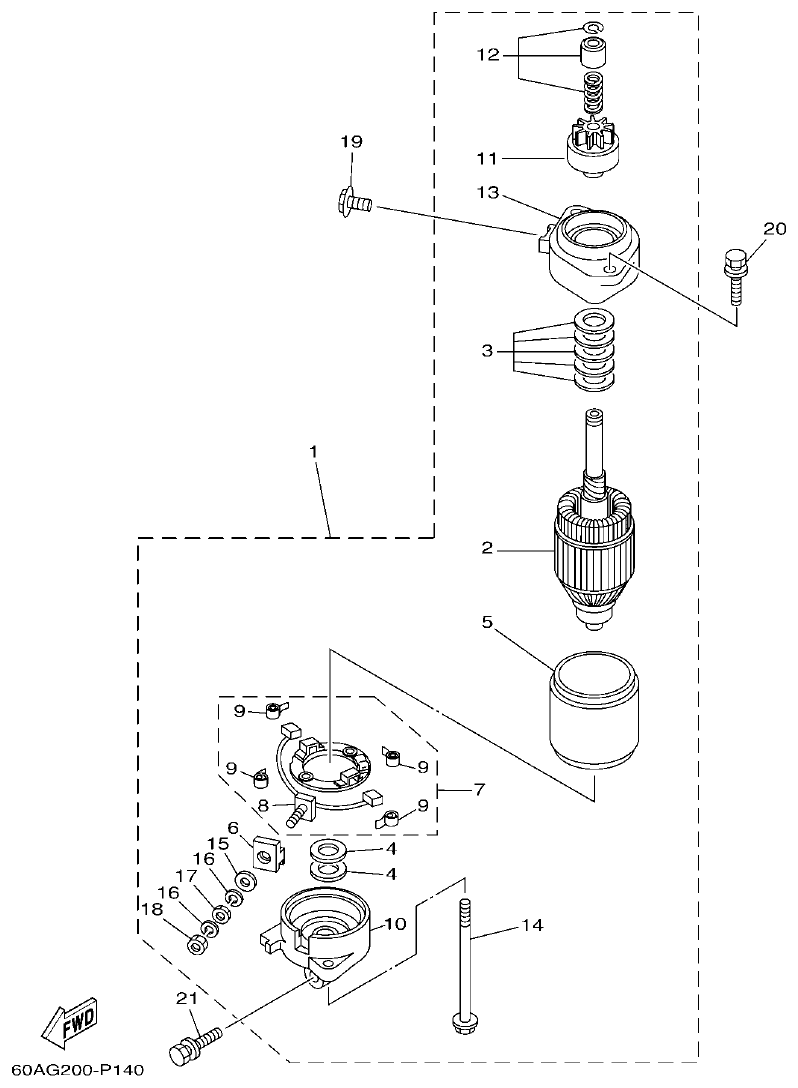 Yamaha F50DET, FT50CET STARTING MOTOR parts diagram